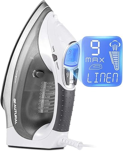 Beautural Żelazko parowe, 2400 W, ceramiczna stopa, zbiornik 340 ml, 9 ustawień pary, wyświetlacz LCD, długość kabla 2,4 m, automatyczne wyłączanie, samoczyszczenie