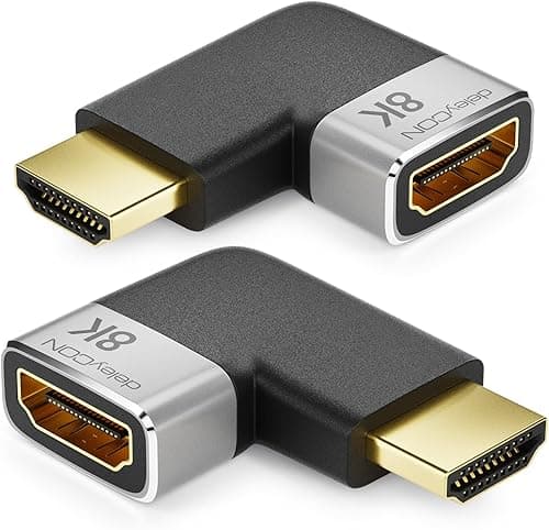 DeleyCON 2 Sztuki Złączy Adaptera HDMI 8K@60Hz / 4K@120Hz UHD Aluminium HDMI 2.1 ARC HDR10+ Dolby Vision VRR ALLM 48 Gb/s Prawy/Lewy Kątowy Szary Czarny