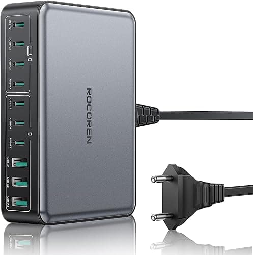 Rocoren 480 W GaN USB C ładowarka wielokrotna, 10-portowa PD100W QC4.0 PPS 4-stacja ładująca do laptopów z przedłużaczem 1,5 m, kompatybilna z MacBookiem, HP, iPadem, iPhone'em, Sumsung Galaxy i