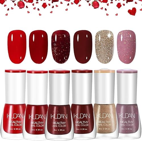 Zestaw 6 lakierów do paznokci – szybkoschnący i długotrwały lakier do paznokci Red Shimmer – nietoksyczny kolorowy lakier na bazie wody, nietoksyczny lakier do paznokci na bazie wody, do salonu DIY