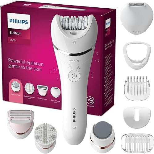 Philips Depilator z serii 8000, bezprzewodowy depilator na mokro i na sucho do nóg i ciała z 9 akcesoriami, golarką, trymerem, pilnikiem do pedicure i szczoteczką złuszczającą, model BRE740/10