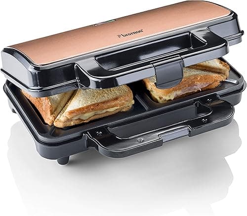 Bestron XL Sandwichmaker, nieprzywierający toster na 2 sandwiche, Opiekacze do kanapek w tym automatyczne Wyłącznik i lampka kontrolna, 900 W, kolor: Miedź
