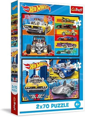 Trefl - Puzzle 2w1: Hot Wheels, Samochodziki - 2 x 70 Elementów, Zestaw Dwóch Układanek dla Dzieci od 4 lat
