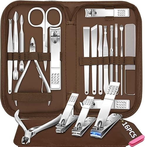 Zestaw do manicure, pedicure, 16 sztuk, obcinacz do paznokci ze stali nierdzewnej, profesjonalny zestaw do pielęgnacji paznokci z przenośnym skórzanym etui dla mężczyzn i kobiet, czarny