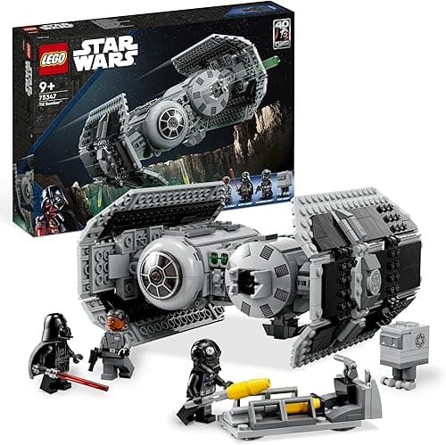 LEGO Star Wars Bombowiec TIE Model z Klocków, Zabawka dla Dziecka, Statek Gwiezdny z Minifigurką Dartha Vadera z Mieczem Świetlnym i Figurką Droida GNK, Pomysł na Prezent, 75347