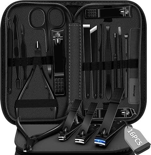 16-częściowy zestaw do manicure i pedicure, obcinacz do paznokci ze stali nierdzewnej, profesjonalny zestaw do pielęgnacji paznokci z przenośnym skórzanym etui dla mężczyzn i kobiet, czarny
