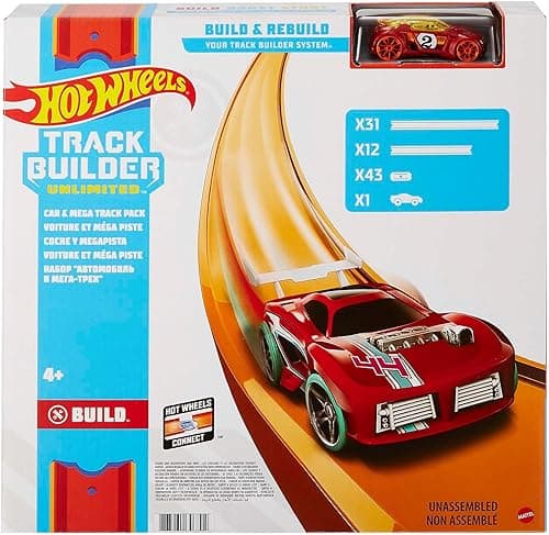 Hot Wheels Toy Car Mega Track Set Pack, 87 Component Building Parts for 40-ft of Track & 1:64 Scale Vehicle (Amazon Exclusive), FTL69