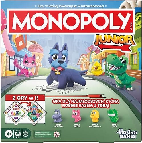 Gra planszowa Monopoly Junior (edycja 2026), 2 gry w 1 dla młodszych dzieci, 2-stronna plansza, wiek: od 4 lat, od 2 do 4 graczy, 20 min, prezenty dla przedszkolaków - wersja polska