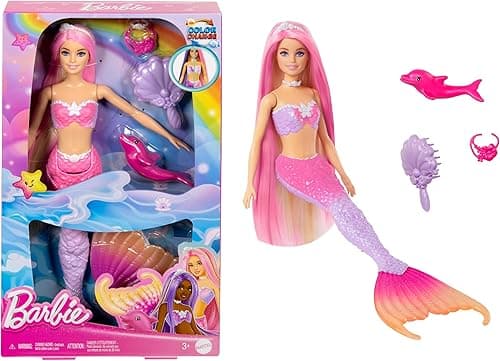Barbie Malibu Syrenka Zmiana koloru Lalka z różowymi włosami, akcesoriami do stylizacji, delfinkiem i funkcją zmiany koloru aktywowaną wodą, HRP97