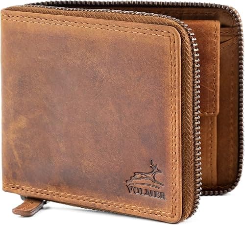 Męski portfel skórzany z zamkiem błyskawicznym – ochrona RFID, kieszeń na monety, uchwyt na żetony do wózka na zakupy, brązowy
