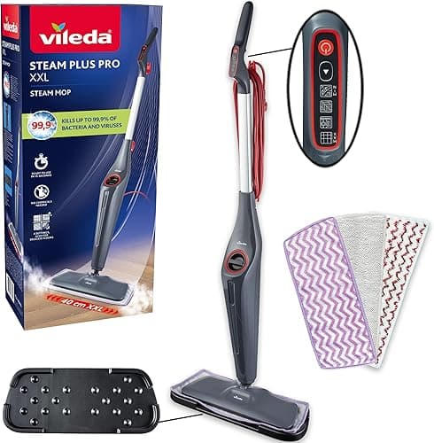 Vileda Steam Plus Pro XXL Mop parowy, zabija do 99,9% bakterii i wirusów, idealny do delikatnych podłóg, z 4 trybami pary, posiada podstawkę do przechowywania