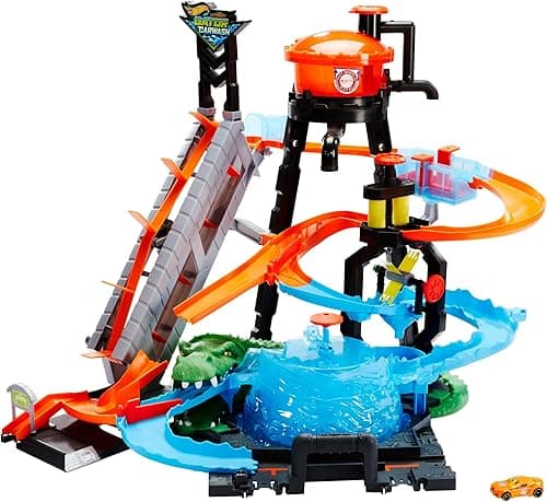 ​Hot Wheels City Myjnia samochodowa Atak krokodyla Zestaw do zabawy z funkcją zmiany kolorów samochodów Color Shifters, FTB67