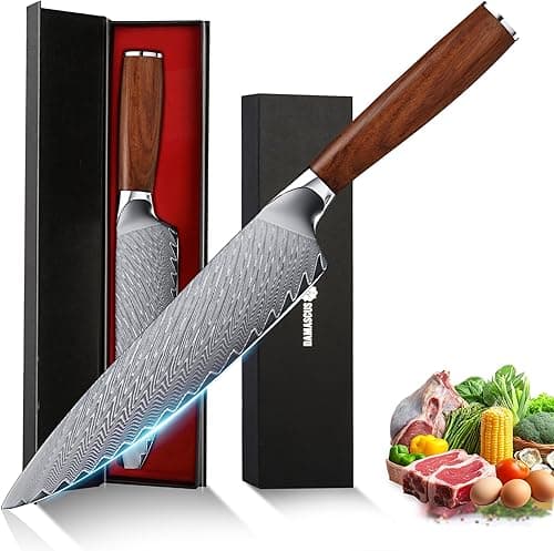 Nóż Szefa Kuchni 20 cm, Japoński Stal Damasceńska 67 Warstw z Rdzeniem VG10 - Ergonomiczna Rękojeść z Drewna - W Drewnianym Pudełku na Prezent (Drewno naturalne)