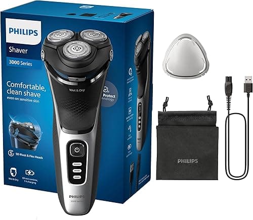 Philips Electric Shaver Series 3000 - golarka elektryczna na mokro i sucho z technologią SkinProtect, kolor czarny, trymer termokurczliwy, golarka akumulatorowa z pokrowcem podróżnym (model S3241/12)