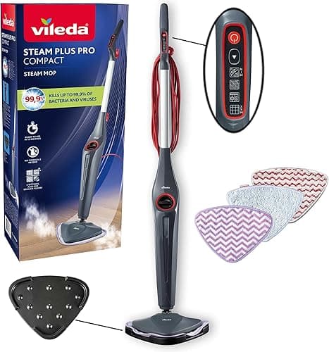 Vileda Steam Plus Pro Mop parowy, zabija do 99,9% bakterii i wirusów, idealny do delikatnych podłóg, z 4 trybami pary, posiada podstawkę do przechowywania