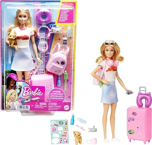Barbie Malibu w podróży; Zestaw podróżny z lalką Barbie „Malibu” Roberts, pieskiem i ponad 10 akcesoriami, w tym otwieraną walizką, HJY18