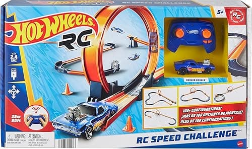 Hot Wheels RC Wyzwanie prędkości Zestaw ze zdalnie sterowanym pojazdem w skali 1:64 i ponad 30 elementami toru, kilka konfiguracji, jazda pojazdami po torze i poza nim, HXX45