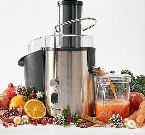 Twinzee Odśrodkowa sokowirówka do warzyw i owoców, elektryczna wyciskarka do soków z warzyw i owoców, wydajna 850 W, 2 poziomy prędkości, duży otwór do napełniania (75 mm), antypoślizgowe nóżk