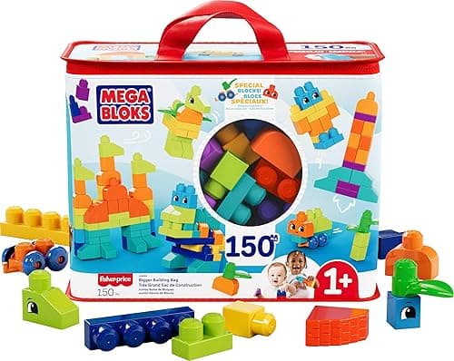 MEGA BLOKS Bardzo duża torba z klockami do budowania Zestaw ze 150 dużymi kolorowymi klockami do budowania i 1 torbą do przechowywania, zestaw prezentowy dla dzieci od 1 roku życia, HHM96