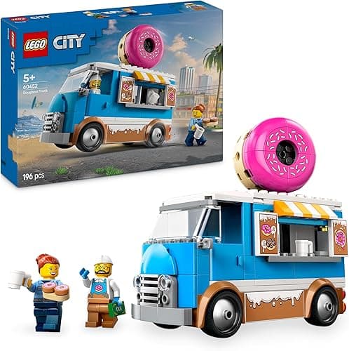 LEGO City Mobilna Pączkarnia, Konstrukcyjna Zabawka dla Dziecka do Zbudowania, Pojazd z Minifigurkami i Akcesoriami, Kreatywny Prezent dla 5-latka, dla Dziewczynki i Chłopca, dla Przedszkolaka, 60452