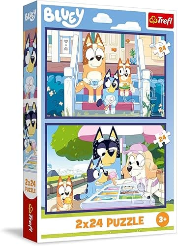Trefl - Puzzle 2w1: Bluey, Zabawna Bluey - 2 x 24 Elementy, Zestaw Dwóch Układanek dla Dzieci od 3 lat