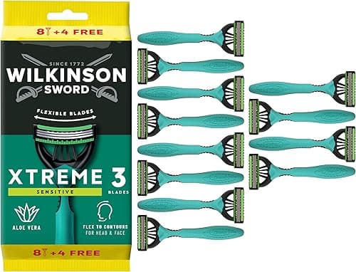 Wilkinson Sword Xtreme 3 Sensitive, zestaw 8 + 4 jednorazowych maszynek do strzyżenia z witaminą E i aloesem - optymalne do pielęgnacji twarzy i miękkości twarzy