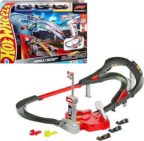 Hot Wheels Racing Formuła 1 Tor wyścigowy Sprint F1 Zestaw do zabawy + 3 metalowe samochody zabawki w skali 1:64 drużyn McLaren, Alpine i VCARB, zabawka dla dzieci 4+, JDY15