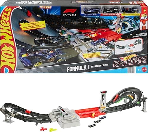 Hot Wheels Zestaw zabawkowych samochodów, Formuła 1 Grand Prix tor wyścigowy z 3 samochodami w skali 1:64 i dwoma trybami wyścigowymi z silnikiem JLB13