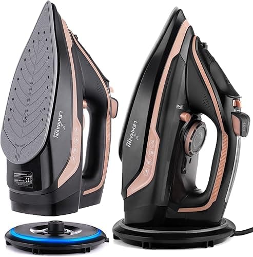 LEHMANN Bezprzewodowe żelazko parowe ze stacją ładującą, 3000 W, bezprzewodowe żelazko parowe z regulacją temperatury i 5 programami prasowania, podeszwa ceramiczna, pionowa para, automatyczne