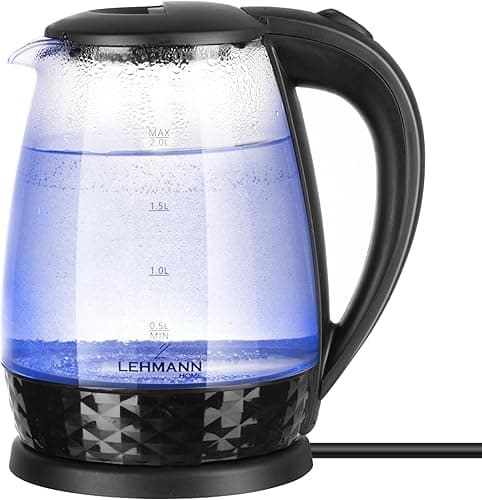 Lehmann LHOEK-2220C Czajnik elektryczny szklany 2l, czajnik elektryczny z podświetlanym zbiornikiem o mocy 2200W, bezprzewodowy ze zdobioną podstawą