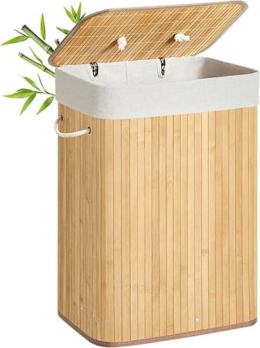 SONGMICS Bambusowy kosz na pranie, składany pojemnik na pranie z pokrywą i zdejmowanym bawełnianym workiem, 72 L, 40 x 30 x 60 cm, Naturalny LCB10Y