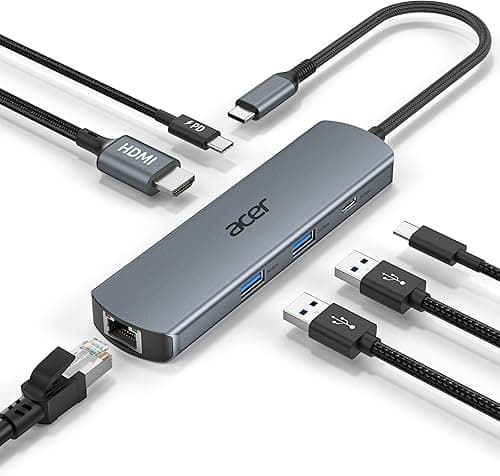 Acer Koncentrator USB C z Ethernetem 1000 Mbps, HDMI 4K@60Hz, 1×USB-C 5Gbps, 2×USB-A 3.0, Type-C 100W PD, Stacja Dokująca do iPhone 17/16, MacBook iPad Pro/Air, Mac mini M4, Surface, Galaxy S25 itp.