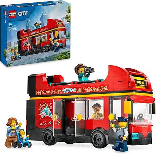 LEGO City Czerwony, piętrowy autokar, zabawka dla dzieci z 5 postaciami, małym dzieckiem i spacerówką, pomysł na prezent dla dziecka, 7-latka, zabawki kreatywne dla chłopców i dla dziewczynek, 60407