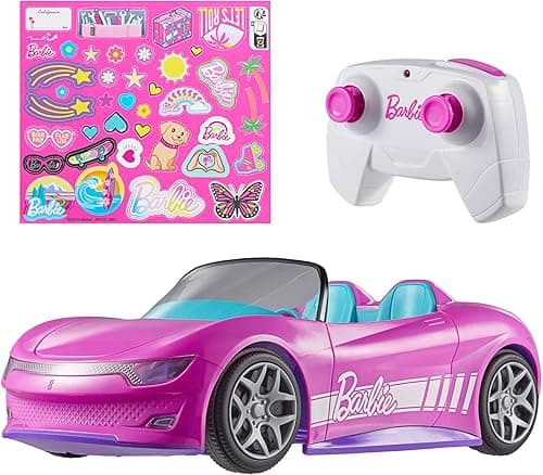 Hot Wheels RC Barbie Zdalnie sterowany samochód Różowy kabriolet, auto zabawka z miejscem dla 2 lalek Barbie, otwieranym bagażnikiem do przechowywania akcesoriów, JBH05