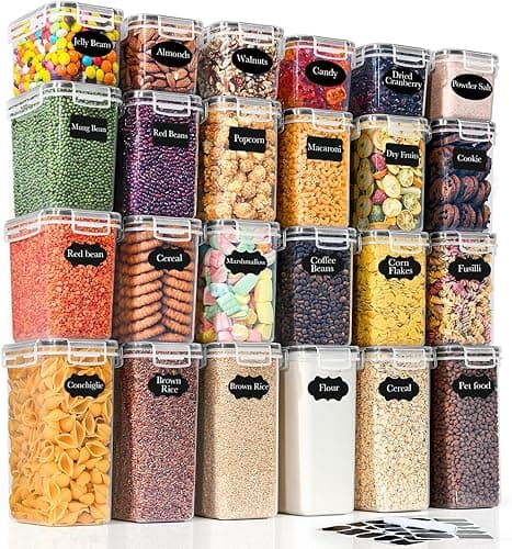 GoMaihe Zestaw 24 pojemników na żywność z pokrywkami, hermetyczne: pojemniki na żywność z etykietami i markerami | pudełko do przechowywania muesli, mąki, płatków kukurydzianych i cukru | nie