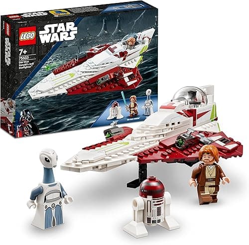LEGO Star Wars Myśliwiec Jedi Obi-Wana Kenobiego, zabawka dla dziecka do zbudowania z figurką droida R4-P17, pomysł na prezent dla 7-latka, chłopca i dziewczynki, 75333