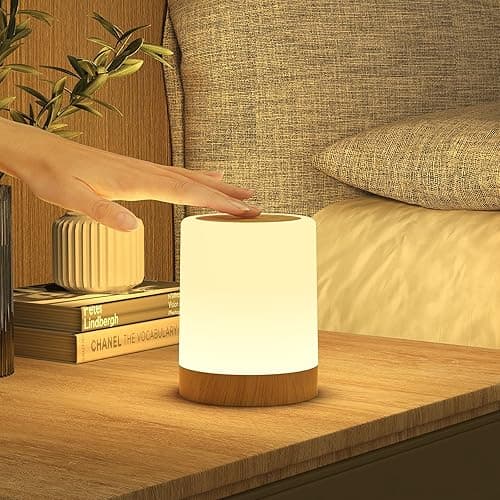 Bonsery Lampka nocna LED, dotykowa, ściemniana z 256 kolorami RGB i 3 trybami, lampka nocna dla dzieci, ładowalna przez USB z funkcją timera i pamięci, słoje drewna, lampa stołowa bezprzewodowa do