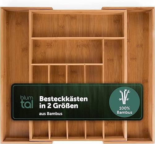Blumtal Organizer na Sztućce z Bambusa – Regulowany wkład do szuflady kuchennej, organizer na sztućce z 7-9 przegródkami – Rozsuwany organizer do dużych szuflad kuchennych