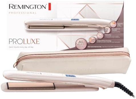 Remington prostownica do włosów, tech. OptiHeat utrwala fryzurę do 24h, ceramiczna, zakres temp. 150-230°C, szybkie nagrzewanie, funkcja pamięci, obrotowy przewód 1.8m, etui, beżowa, PROluxe S9100