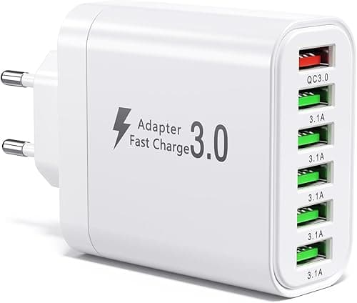 Ładowarka USB 50W, stacja ładująca 6 portów z QC 3.0, szybka ładowarka, wielokrotna wtyczka ścienna, kompatybilna z iPhone 11/12/13/14/15/16/SE/XS/XR/Galaxy S20/S21/S22/Tablet