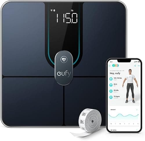 eufy Inteligentna waga cyfrowa do łazienki P2 Pro Wi-Fi, Bluetooth, 16 rodzajami pomiarów, m.in. waga, tętno, tkanka tłuszczowa, BMI, masa mięśniowa i kostna, tryb modelu 3D, wysoka dokładność
