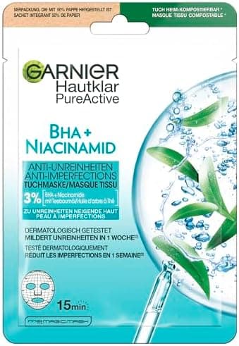 Garnier Maseczka z chusteczki, maska na twarz do skóry tłustej, przeciw zanieczyszczeniom, formuła z olejkiem z drzewa herbacianego i kwasem salicylowym, przezroczysta dla skóry, aktywna, 23 g
