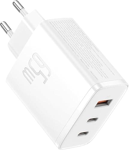 Baseus Ładowarka USB C 65W, zasilacz USB C, 3-portowy ładowarka PD, ładowarka z PPS, GaN szybka ładowarka kompatybilna z MacBook Pro/Air, iPhone 15/14/13/12, iPad Pro, Galaxy S23 Ultra, S23+, S23,