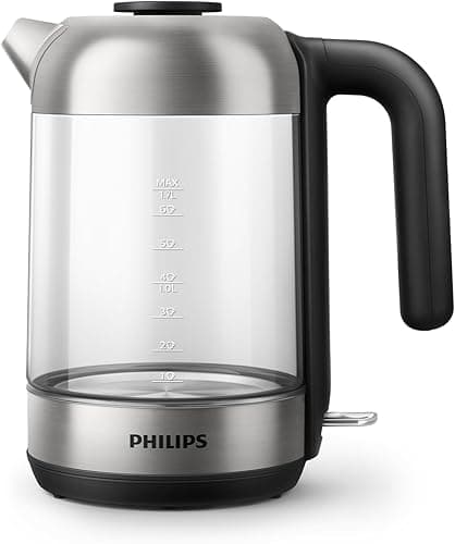 Philips Czajnik elektryczny, Pojemność - 1,7 l, Stylowy design, Wskaźnik świetlny, Zdejmowana pokrywka, Filtr z mikrosiateczką wyłapujący drobne cząsteczki kamienia, Szklany (HD9339/80