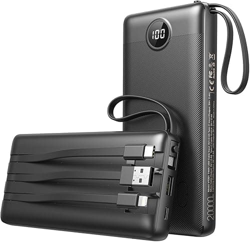 VEEKTOMX Power Bank 20000mAh z wbudowanymi kablami, PowerBank USB C 2.4A Szybkie ładowanie zewnętrznej baterii z 5-wyjściowym 2-wejściem i LED, przenośna ładowarka do iPhone/Galaxy/Mini Wentylator
