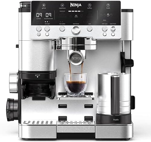 Ninja Luxe Premier Ekspres do kawy 3 w 1, latte, cappuccino, cold brew, espresso, wbudowany młynek i spieniacz do mleka, łatwy w obsłudze, 4 automatyczne ustawienia spieniania, srebrny, ES601EU