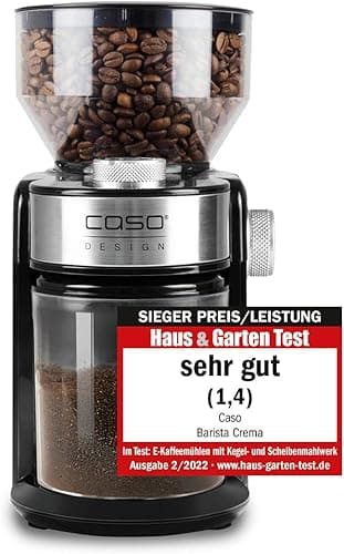 CASO Barista Crema – elektryczny młynek do kawy, zwycięzca testu domu i ogrodu, mielenie ziaren kawy, stopień zmielenia od drobnego do grubego, mechanizm mielący plasterkowy, moc 150 W