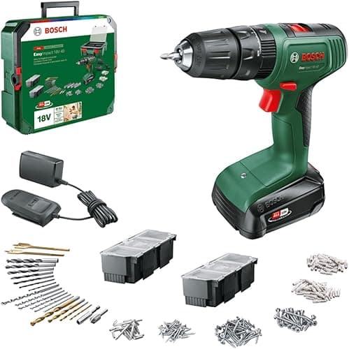 Bosch Akumulatorowa wiertarka udarowa EasyImpact 18V-40 (wkręcania, wiercenia w drewnie, metalu i tworzywach sztucznych; wiercenia udarowego w murze; 241 bitów; 1 akumulator 1,5 Ah; system 18V)