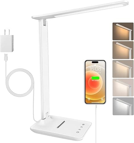 Lampa biurkowa LED, składana, ściemnialna lampka nocna z 5 trybami kolorów i 5 poziomami jasności, port ładowania USB, do czytania w pracy (biała - z adapterem)