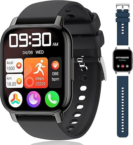 Popglory Smartwatch damski, męski, 1,85”, odbieranie i wykonywanie połączeń, 2 paski, podzielony ekran, ponad 100 dyscyplin sportowych, fitness, pomiar ciśnienia krwi, tlenu, tętna, dka iOS i Android